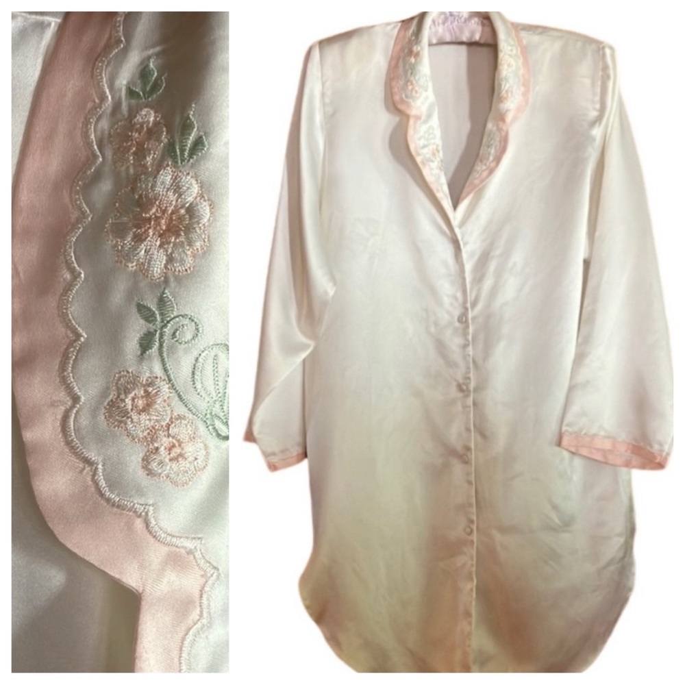Vandemere Vintage Small Poly Satin Floral  Embroidered Collar Pajamas Shirt EUC